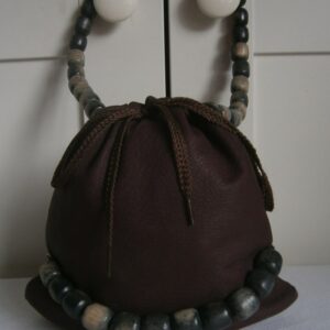 Wine-red leather drawstring bag with wooden beads