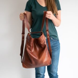 Cognac Brown CONVERTIBLE Backpack, Leather BACKPACK PURSE, Shoulder Bag, Crossbody Leather Handbag, School Bag, Distressed Leather Bag