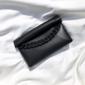Medium Black Leather Clutch Bag With Acrylic Chain, Black Foldover Purse, Vegan Leather Roll Top Clutch, Office Bag, Daily Bag, Gift For Mom