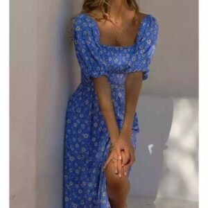 Summer Women Puff Sleeve Backless Midi Dress
