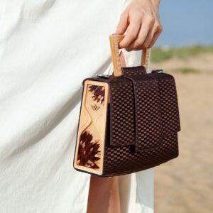 Gift for Her - Italian Genuine Leather Bag SANDY, Braided Embossed Handbag, Shoulder Cross Body Bag with Wood, Dried Flowers and Epoxy Resin