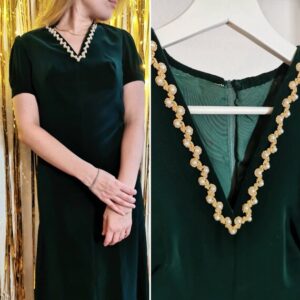 Vintage velvet dress, 1970's handmade dark green pearls gold white maxi dress with v-neck S | US 8 | UK 10 | EU 36