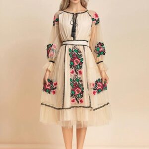 Fashion Runway Autumn Vintage Party Vestido Lantern Sleeve Vestido Flowers Embroidery Mesh Vacation Midi Dress