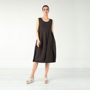 Evergreen Capsule Balloon Black Pure Linen Dress