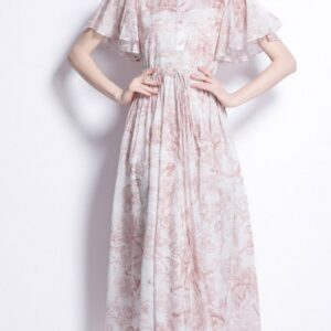 Summer Runway Designer Cotton Dresses Women's Flying Sleeve Jungle Ink Print Drawstring Office Retro Maxi Dress Robe