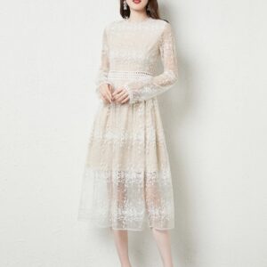 Luxury Lace Dress Women Long Sleeve A Line Elegant Crochet Embroidery Midi Dress White Vestido