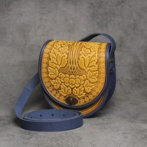 Yellow/blue bag ladies, yellow shoulder bag, round leather bag, bright leather purse, crossbody bag, gift for her, embossed bag