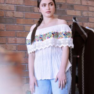 Small Mexican "Adelita" top, Folk-Boho "Flores" blouse, hand embroidery, manta-white top, off shoulder blouse