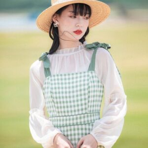 Soft Green Two Piece Vintage Cottagecore Style Midi Dress with Chiffon Blouse | CARLA