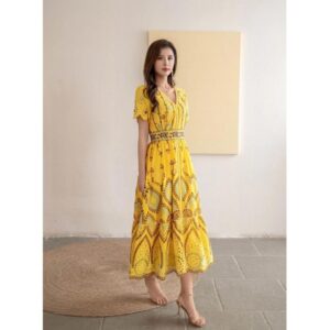 Ladies French Hollow out Cotton Embroidered Dress Pullover Dress Yellow Floral Dress Cotton Floral Dress Empire Waist Dress Bohemian Dress