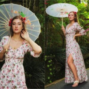 Romantic Prairie Floral Dress Sweetheart neckline white Rose-Print with Slit,