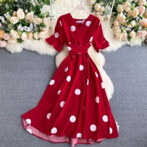 Vintage Dress Big Dot Print V Neck Bandage Dress Casual Summer Midi Party Dress Women Elegant Big Swing Dress Gifts For Her